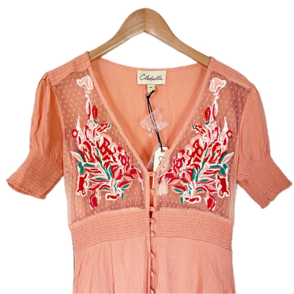 Cleobella Midi Short Sleeve Dress Sundress Peach Floral Sheer Accent Medium